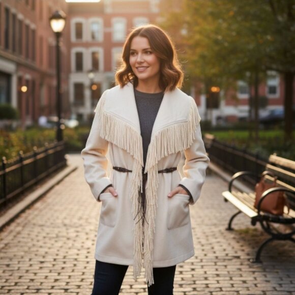 Fringe Western Blanket Coat Camping Firepit Ranch Solid Cream Size Medium - Picture 3 of 7